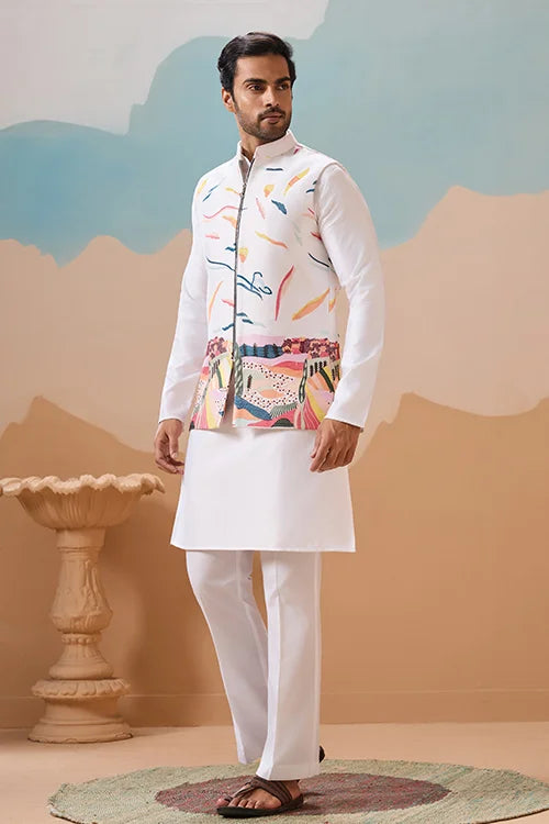 White Wedding Wear Carnival Koti Kurta Pair for Mens Wear