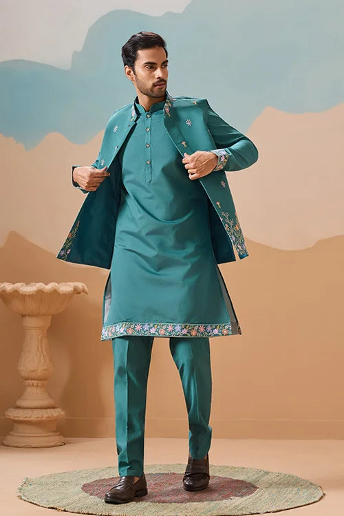Wedding Party Outfit Rama Green Kurta Koti Pant for Men