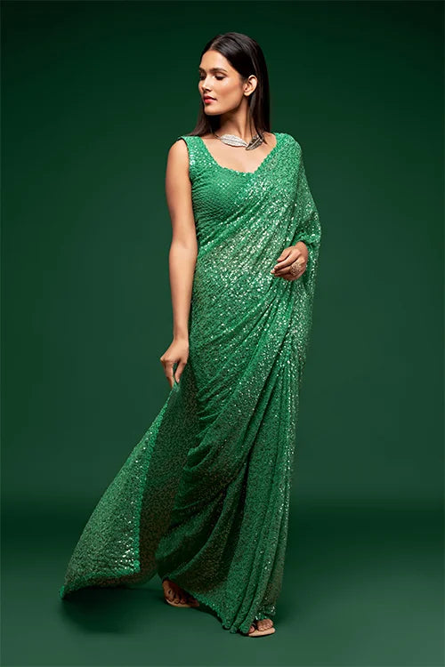 Fabulous Mint Green Sequined Georgette Party Wear Saree