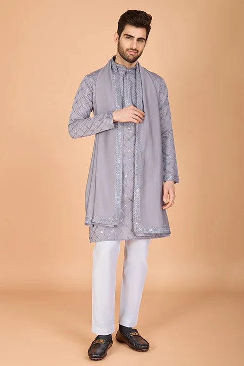 Designer Grey Viscose Silk Men's Kurta – Elegant Wedding Attire
