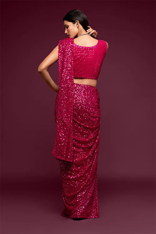 Attractive Hot Pink Sequins Georgette Festive Wear Saree With Blouse
