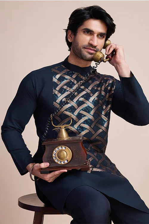 Traditional Embroidered Navy Silk Kurta For Men