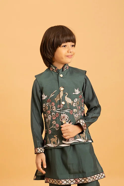 Party & Wedding Special Stylish Green Koti Kurta Set for Kids