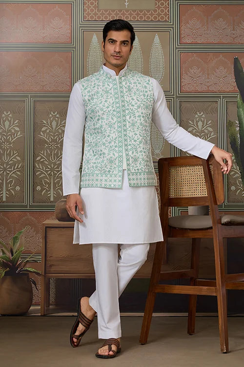 Wedding White Kurta Pajama with Green Koti Style