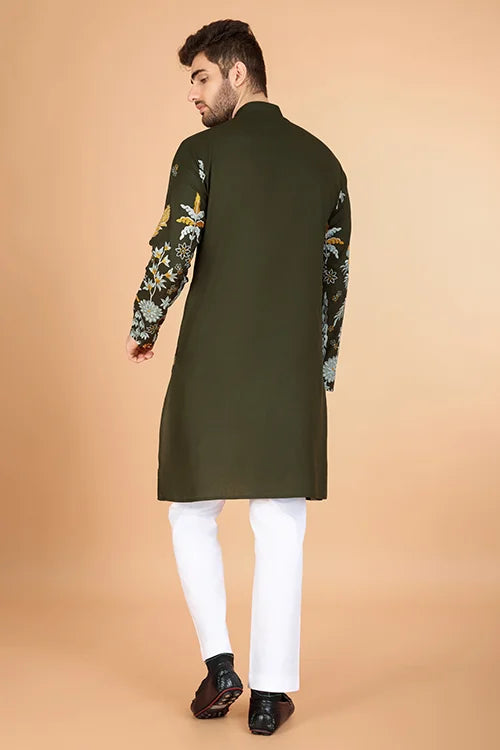 Olive Viscose Rayon Designer Men's Kurta for Festive
