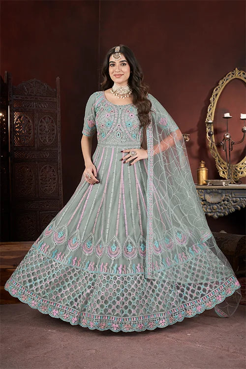 Pista Color Net Fabric Embroidered Zarkan Long Gown – Ready To Wear Collection