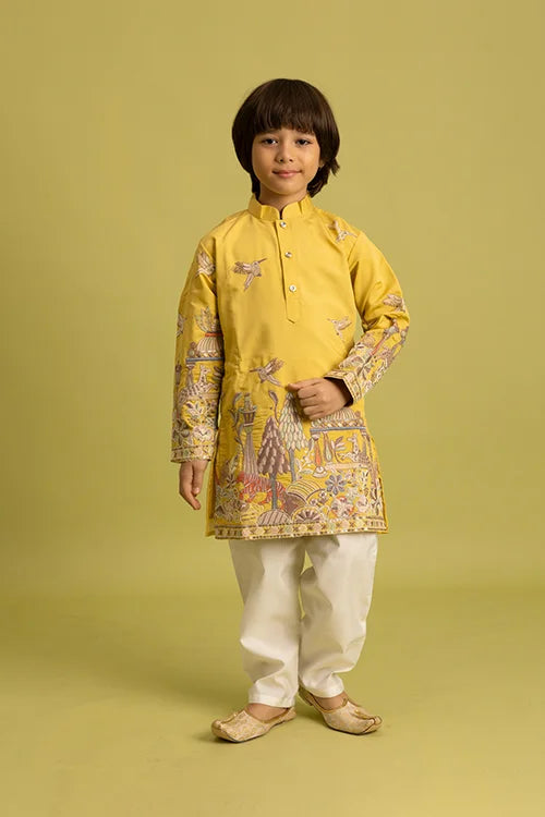 Vantara Style Yellow Kids Kurta Pajama Outfit