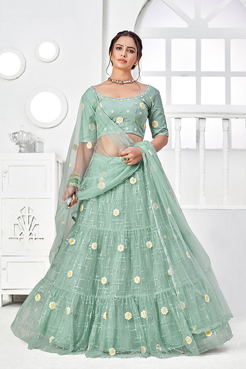 Turquoise Green Net Thread with Sequins Embroidered Lehenga Choli