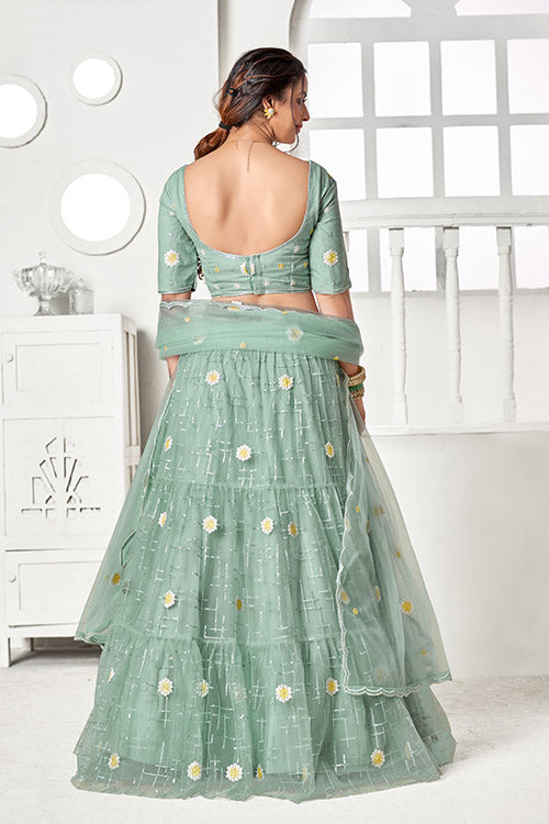 Turquoise Green Net Thread with Sequins Embroidered Lehenga Choli