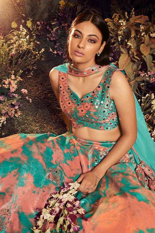 Turquoise Orange Velvet Sequins Embroidery Work Lehenga Choli