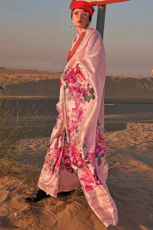 Light Peach Tussar Silk Saree with Unstitched Blouse