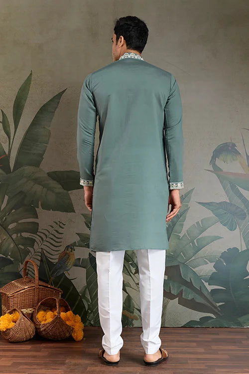 Pastel Pista Viscose Silk Embroidered Kurta for Men