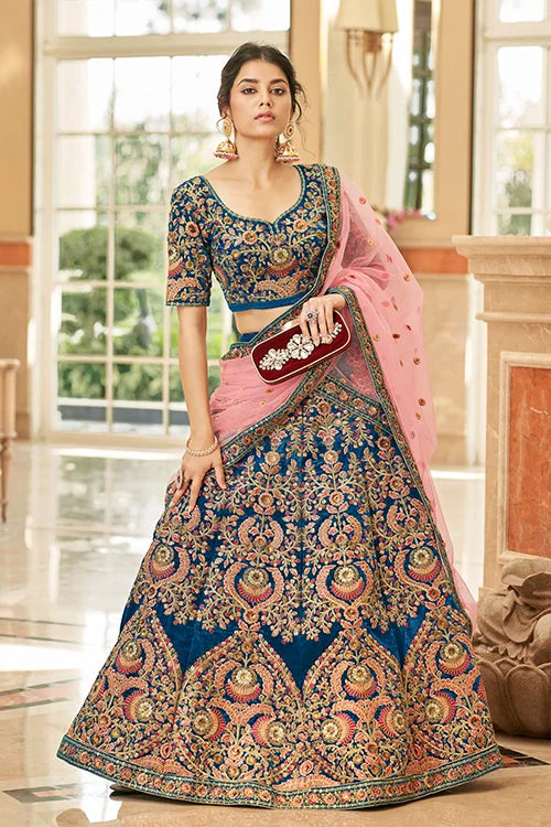 Traditional Velvet Bridal Lehenga Choli with Zari Embroidery