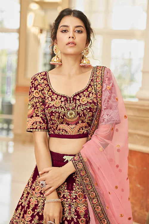 Designer Maroon Velvet Lehenga with Net Dupatta