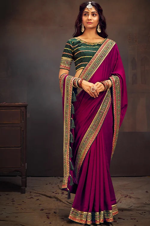 Vichitra Heavy Embroidery Saree with Designer Blouse
