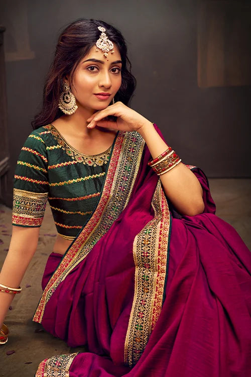 Vichitra Heavy Embroidery Saree with Designer Blouse