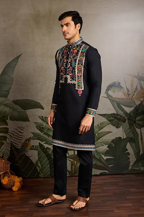 Designer Black Embroidered Mens Kurta for Wedding