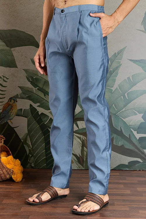 Blue Gray Open Koti Style Full Kurta Pajama Set for Men