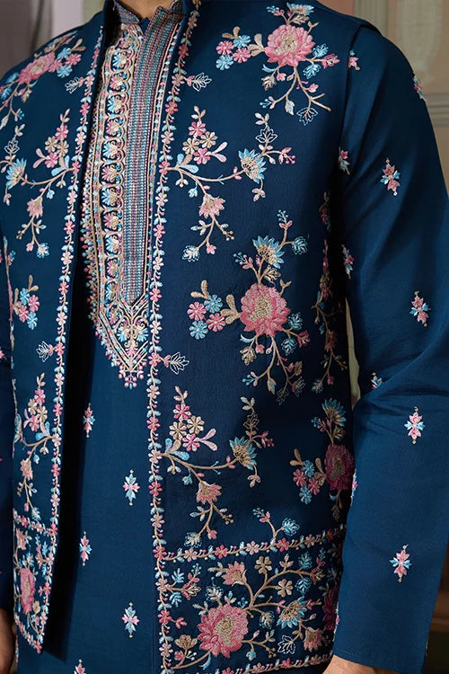 Modern Teal Blue Open Koti Kurta Set for Men