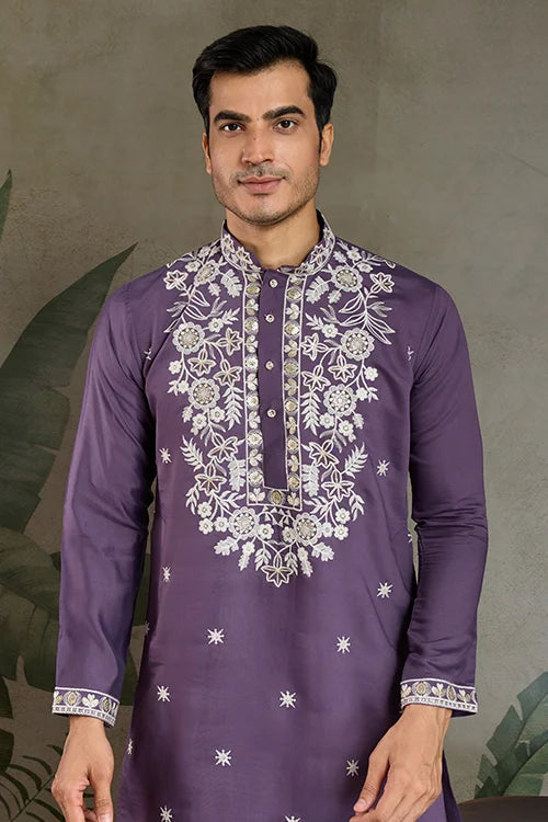 Pastel Purple Embroidered Viscose Silk Kurta Set