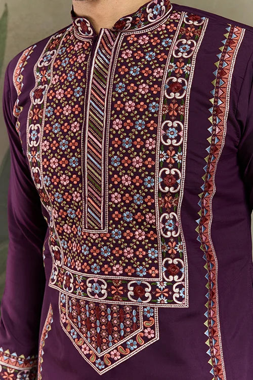 Engagement Special Purple Viscose Silk Outfit Kurta for Men