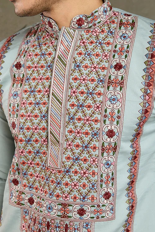 Traditional Sky Blue Embroidered Kurta Pajama Set