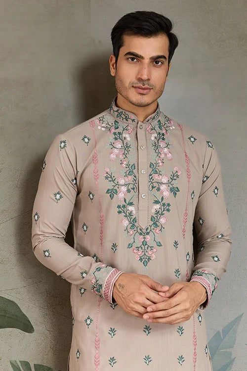 Ivory Color Embroidered Kurta Pajama for Men