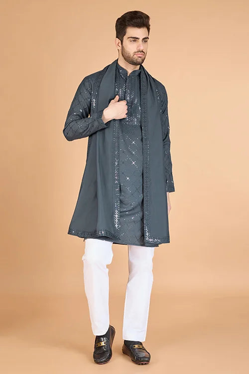 Designer Grey Sequence Embroidered Gents Kurta