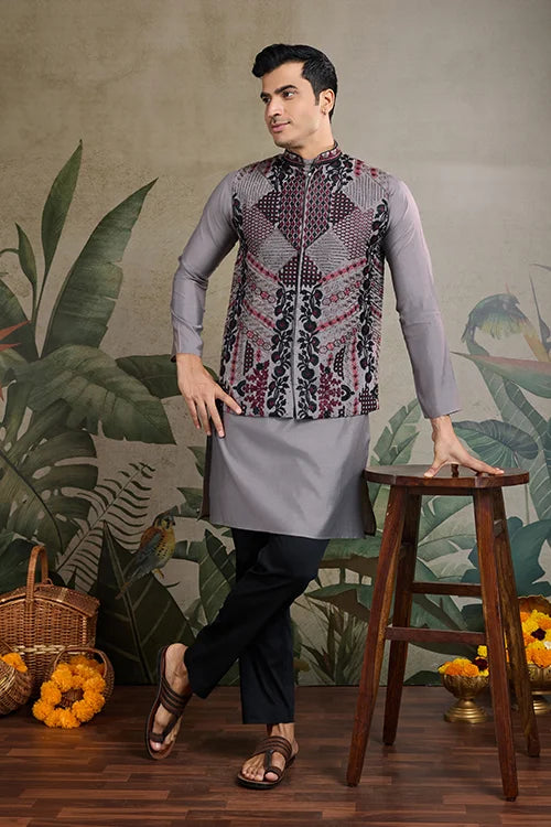 Designer and Stylish Grey Men's Kurta Koti Set for Men