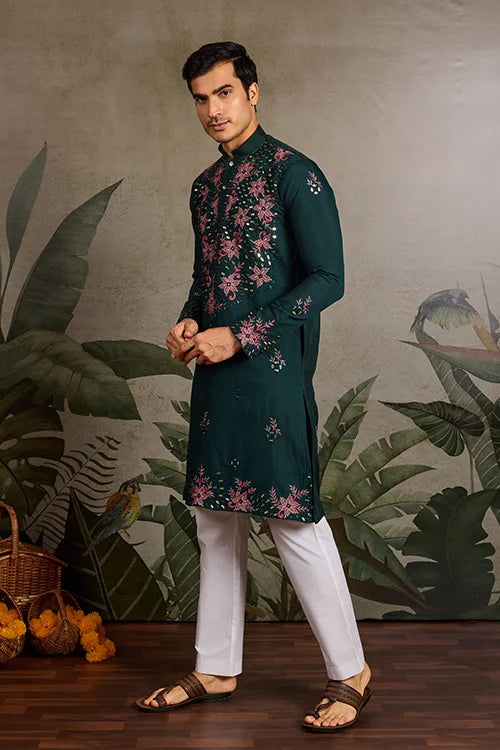 Party Look Green Mirror Embroidered Kurta Set for Men