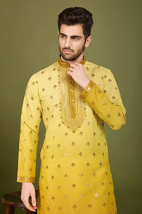 Designer Ombre Yellow Silk Kurta for Men | Shubh Kala