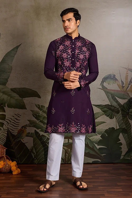 Designer Purple Mirror Work Kurta Set for Mens Wear