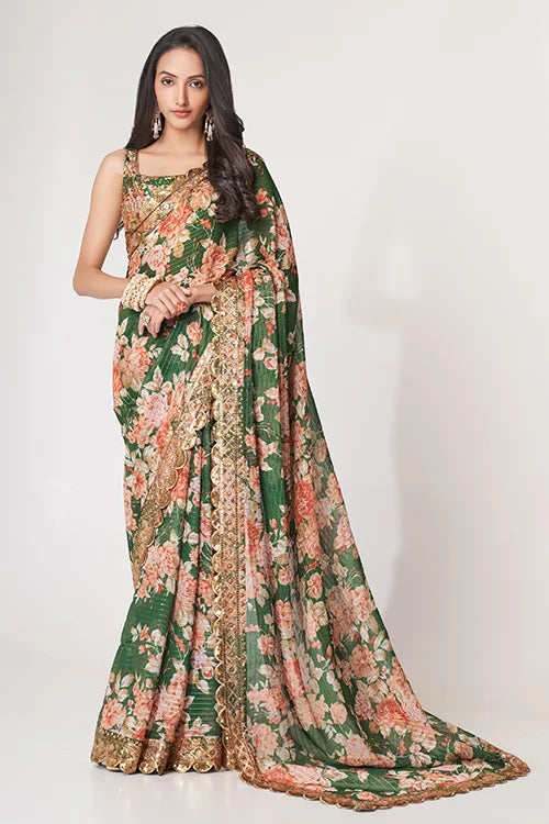 Weddin Colection For Women Wear Preety Saree Green Colour
