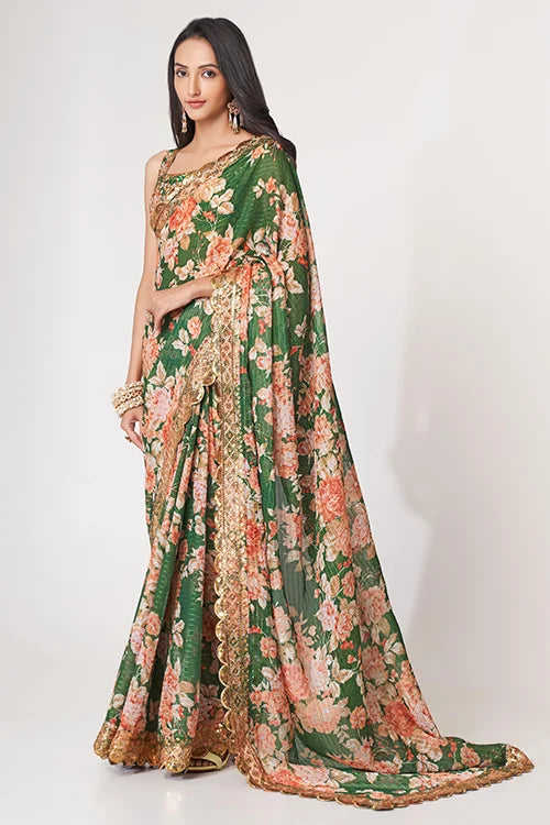 Weddin Colection For Women Wear Preety Saree Green Colour