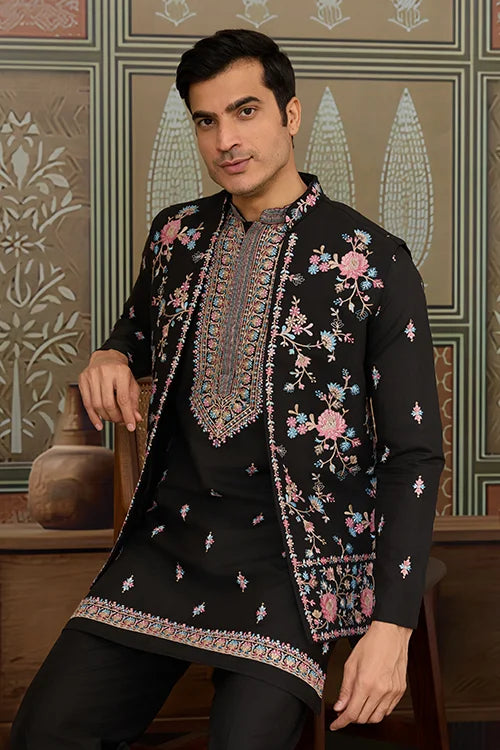 Black Mens Kurta with Stylish Koti for Wedding Wear