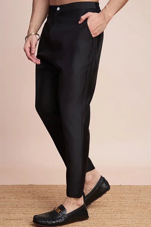 Traditional Black Silk Kurta With Thread Work