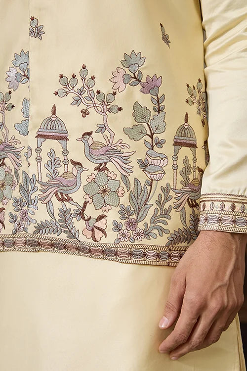 Haldi Special Light Yellow Koti Kurta Set for Mens Wear