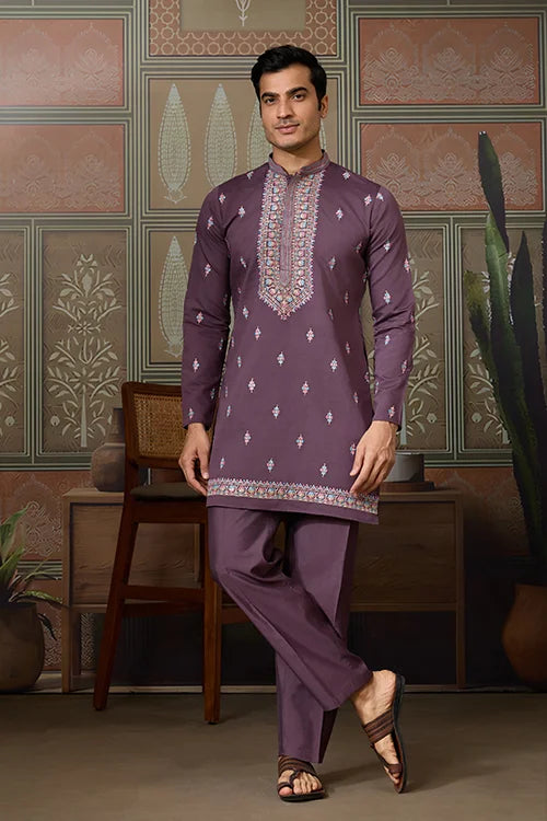 Dusty Purple Wedding Kurta with Matching Koti Set for men