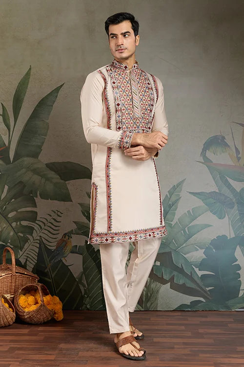 Classic Ivory Embroidered Kurta Pajama for Men