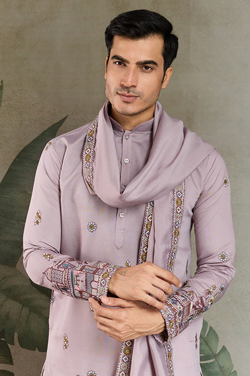 Premium Dusty Pink Color Embroidered Kurta With Pajama Set For Men