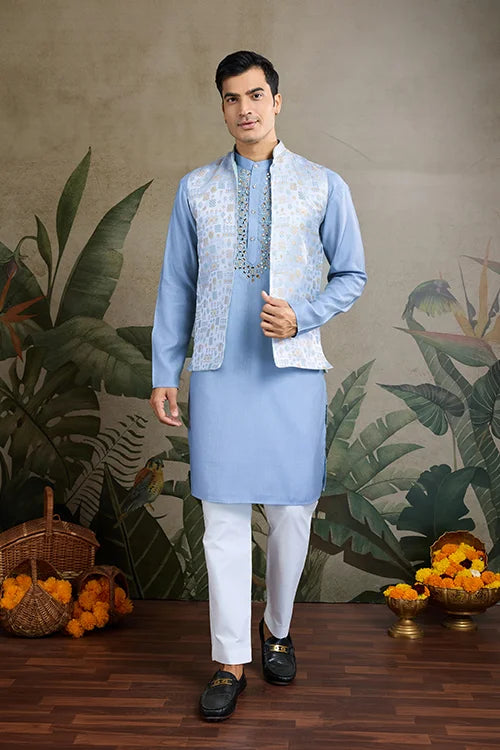 Festive Wear Blue Silk Kurta with Jacquard Koti