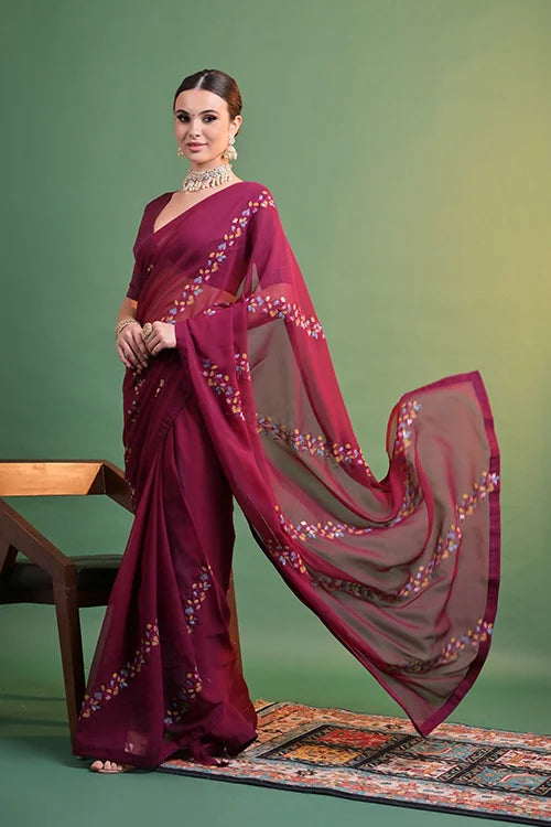 Maroon Heavy Georgette Sequin Embroidery Saree