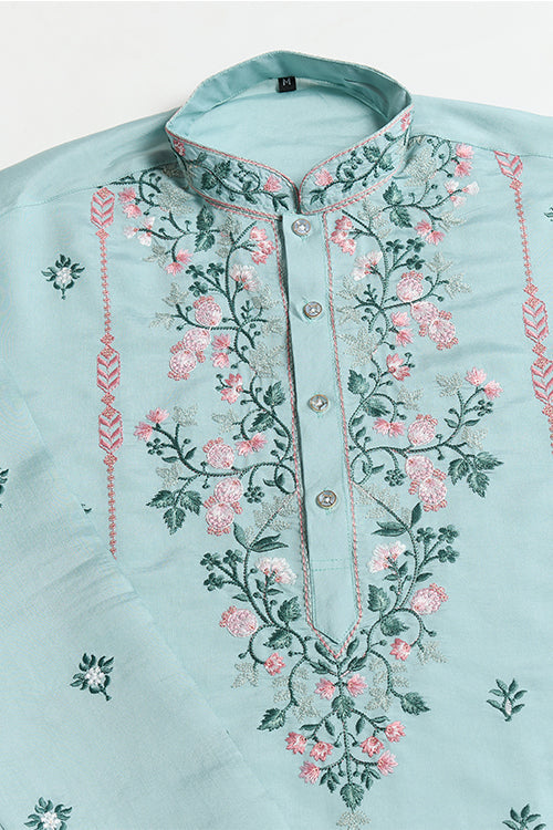 Sky Color Embroidered Kurta Pajama For Men