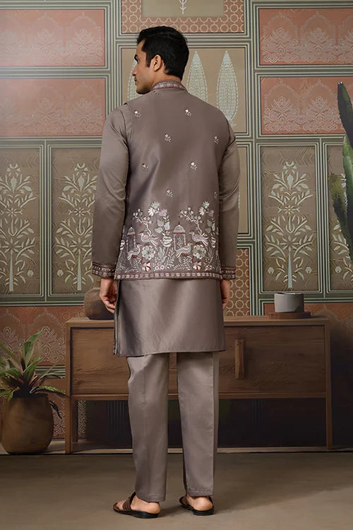 Grey Embroidered Koti Kurta Set for Mens Wear