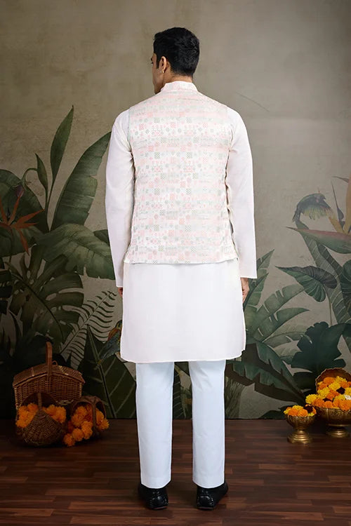 Off-White Roman Silk Kurta with Jacquard Open Koti Set