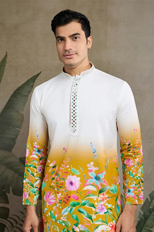 Printed with Hand Mirror Work Kurta for Mens