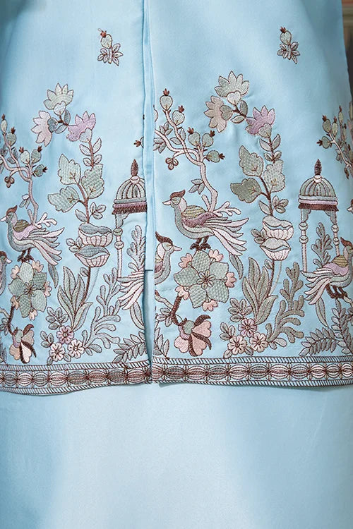 Sky Blue Embroidered Silk Koti Kurta Set for Mens