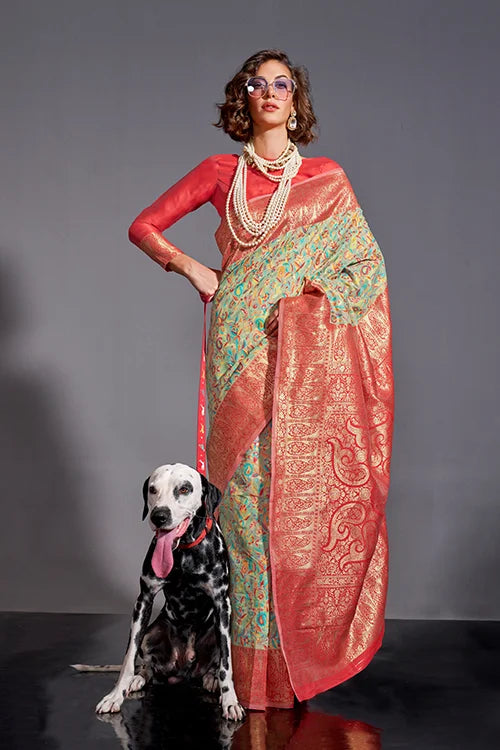 Beautiful Wedding Wear Red-Green Saree With Unstitched Blouse