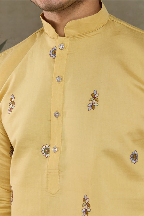 Haldi Special Yellow Embroidered Kurta Pajama Set For Men