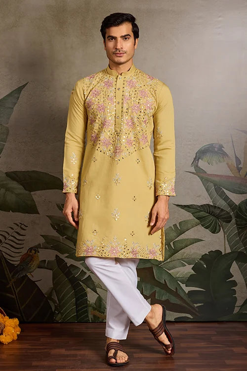 Haldi Special Outfit Mirror Work Mens Kurta Set